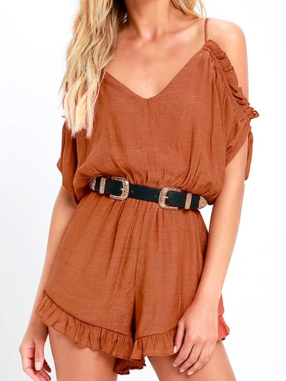 Lulus Collectively Wonder Burnt Orange Ruffled Romper - Size L